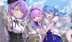  3girls ^_^ animal_ear_fluff animal_ears apex_legends armpits beret black_beret black_skirt blue_hair blue_skirt blush bow breasts cat_ears cat_girl closed_eyes cloud collared_shirt commentary dress ear_piercing frilled_shirt_collar frills grey_sweater hair_behind_ear hat high-waist_skirt highres hitsujisnow hololive hoshimachi_suisei hoshimachi_suisei_(school_uniform) long_hair medium_breasts minato_aqua minato_aqua_(sailor) multiple_girls official_alternate_costume one_eye_closed outdoors piercing purple_bow purple_eyes purple_hair selfie shirt short_hair skirt sky smile startend_(hololive) sweater tokoyami_towa tokoyami_towa_(jirai_kei) v virtual_youtuber white_dress white_shirt white_sweater world&#039;s_edge 