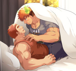  2boys animal_ears bara bare_arms biceps blanket brown_eyes brown_hair bulge casual commentary couple cow_boy cow_ears cow_horns eye_contact facial_hair feather_necklace feet_out_of_frame fiery_horns flustered forked_eyebrows from_side glowing_horns goatee grey_shirt hand_on_another&#039;s_chest horns indoors jewelry large_pectorals long_sideburns looking_at_another lying male_focus multiple_boys muscular muscular_male necklace on_back on_bed on_person pants pectoral_cleavage pectorals pillow red_tank_top scar scar_on_cheek scar_on_face shirt short_hair sideburns smile spiked_hair sunfight0201 sunlight tamamura_gunzo tank_top thick_eyebrows thighs tokyo_afterschool_summoners track_pants wakan_tanka wide-eyed yaoi 