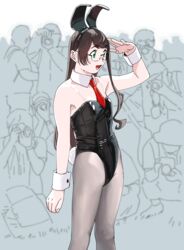  absurdres animal_ears aqua_eyes arm_up armpits bare_shoulders black_hair black_leotard black_pantyhose breasts camera cowboy_shot crowd detached_collar fake_animal_ears feet_out_of_frame female glasses green_eyes highres kantai_collection leotard long_hair necktie ojipon ooyodo_(kancolle) pantyhose people photographer playboy_bunny rabbit_ears rabbit_tail red_necktie semi-rimless_eyewear shading_eyes simple_background small_breasts solo_focus sway_back tail taking_picture white_background wrist_cuffs 