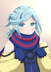  1boy aqua_eyes aqua_hair blue_mittens blue_scarf blue_shirt blush commentary_request eyelashes grusha_(pokemon) highres ichigomilk1515 jacket long_sleeves looking_at_viewer male_focus mittens off_shoulder pokemon pokemon_sv scarf shirt sleeveless sleeveless_shirt solo striped_clothes striped_scarf sweat upper_body yellow_jacket 