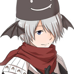  1boy armor assassin_cross_(ragnarok_online) bat_wings black_gloves black_hat black_shirt black_wings blue_eyes closed_mouth commentary_request deviruchi_hat gloves grey_hair hair_between_eyes hair_over_one_eye hat head_wings looking_at_viewer male_focus natsuya_(kuttuki) pauldrons ragnarok_online red_scarf scarf shirt short_hair shoulder_armor simple_background smile solo upper_body white_background wings 