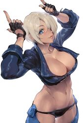  abs angel_(kof) arms_up blue_eyes boots bra breasts chaps cowboy_boots crop_top cropped_jacket crotchless crotchless_pants female fingerless_gloves gloves hair_over_one_eye highres horns_pose index_fingers_raised jacket kin_mokusei large_breasts leather leather_jacket lips looking_at_viewer midriff navel pants snk solo stomach strapless strapless_bra the_king_of_fighters the_king_of_fighters_2001 the_king_of_fighters_xiv the_king_of_fighters_xv toned underwear white_background white_hair 