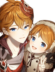  2boys absurdres black_gloves blue_eyes blush brown_headwear crossed_bangs fur_hat genshin_impact gloves hair_between_eyes hand_on_another&#039;s_shoulder hat highres jacket kkopoli looking_at_viewer mask mask_on_head multiple_boys open_mouth orange_hair red_scarf scarf simple_background tartaglia_(genshin_impact) teucer_(genshin_impact) upper_body v white_background 