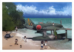  6+girls abyssal_ship aircraft beach black_hair blue_sky border cloud day enemy_naval_mine_(kancolle) fairy_(kancolle) highres kantai_collection mini_person minigirl multiple_girls n1k ocean outdoors palm_leaf propeller ryuujou_(kancolle) seaplane sky tentacle timmyyen tree visor_cap white_border 