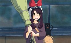  :d animal blush bow broom brown_hair cosplay feline female goggles goggles_on_headwear green_eyes helmet highres jagi_(jagi_souken) jiji_(majo_no_takkyuubin) kiki_(majo_no_takkyuubin) kiki_(majo_no_takkyuubin)_(cosplay) long_hair majo_no_takkyuubin motorcycle_helmet parody shiruko_(food) smile toki_ayano yellow_eyes yurucamp 