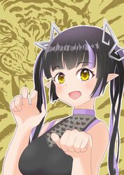  black_hair black_shirt blunt_bangs blush breasts cleavage commentary_request demon_girl demon_horns female heart heart_print highres horns kojo_anna kojo_anna_(1st_costume) long_hair looking_at_viewer medium_breasts multicolored_hair nanashi_inc. no_jacket oerba_yun_fang open_mouth paw_pose pointy_ears print_shirt purple_hair robou_no_stone see-through see-through_cleavage see-through_shirt shirt sleeveless sleeveless_shirt smile solo sugar_lyric tiger twintails two-tone_hair upper_body virtual_youtuber yellow_eyes 