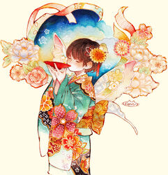  animal_on_head animal_print aqua_kimono artist_name bad_id bad_pixiv_id bird bird_hair_ornament bird_on_head brown_hair butterfly_print butterfly_wings cherry_blossoms closed_eyes commentary cup drinking feet_out_of_frame female floral_print flower furisode gradient_kimono hair_flower hair_ornament highres holding holding_cup insect_wings japanese_clothes kanzashi karin_(salmonosushi) kimono long_sleeves making-of_available marker_(medium) multicolored_clothes multicolored_kimono obi obijime on_head orange_flower original pink_flower pink_rose print_kimono red_ribbon ribbon rose sakazuki sash short_hair signature solo standing tassel tassel_hair_ornament traditional_media white_background white_flower wide_sleeves wings yellow_flower yellow_ribbon yellow_sash 