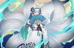  animal_ear_fluff animal_ears bare_shoulders blue_eyes blue_fire blue_hairband blue_nails braid breasts bridal_gauntlets clover_theater colored_inner_hair detached_sleeves female fire fox_ears fox_girl fox_tail french_braid green_hair hair_between_eyes hair_ornament hair_over_shoulder hairband highres japanese_clothes jiliang_jiying_yumao katsuya_(clover_theater) kimono kitsune kyuubi large_breasts long_hair long_sleeves looking_at_viewer multicolored_hair multiple_tails solo tail twin_braids very_long_hair white_hair white_kimono white_tail wide_sleeves 