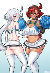  2girls ahoge alternate_breast_size ass black_hairband black_sleeves blue_eyes breasts cheerleader cleavage cleavage_cutout clothing_cutout commission cosplay crop_top dark-skinned_female dark_skin detached_sleeves english_commentary grey_eyes grey_hair gundam gundam_aerial gundam_aerial_(cosplay) gundam_calibarn gundam_calibarn_(cosplay) gundam_suisei_no_majo hair_between_eyes hairband highres holding holding_pom_poms huge_breasts long_hair low_ponytail microskirt miorine_rembran multiple_girls navel panties pleated_skirt pom_pom_(cheerleading) red_hair red_panties side-tie_panties skirt small_breasts suletta_mercury tabletknight thick_eyebrows thighhighs thong underwear very_long_hair white_skirt white_sleeves white_thighhighs 