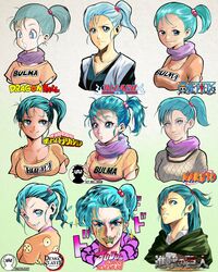  a2t_will_draw alternate_costume aqua_eyes aqua_hair araki_hirohiko_(style) bleach boku_no_hero_academia bulma_briefs closed_mouth collarbone copyright_name dodododo dragon_ball dragon_ball_(classic) female gotouge_koyoharu_(style) highres horikoshi_kouhei_(style) isayama_hajime_(style) japanese_clothes jojo_no_kimyou_na_bouken kimetsu_no_yaiba kimono kishimoto_masashi_(style) kubo_tite_(style) lips looking_at_viewer medium_hair military military_uniform multiple_drawing_challenge multiple_style_parody multiple_views naruto_(series) oda_eiichirou_(style) one_piece one_side_up open_mouth orange_shirt paradis_military_uniform parody purple_scarf scarf shingeki_no_kyojin shirt side_ponytail smile smirk smug style_parody tears toriyama_akira_(style) uniform upper_body 