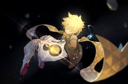  1boy black_background blonde_hair bomber_jacket closed_eyes commentary dhiea fate/grand_order fate/requiem fate_(series) jacket listening_to_music male_focus musical_note scarf smile solo spacesuit symbol-only_commentary voyager_(fate) voyager_(third_ascension)_(fate) 