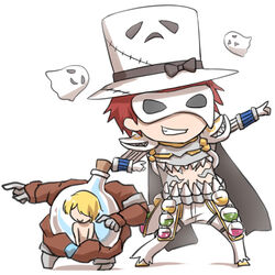  2boys armor black_bow blonde_hair bow character_print chibi closed_mouth commentary_request dieter_(ragnarok_online) faceless faceless_male flask full_body genetic_(ragnarok_online) ghost gloves grin hat hat_bow living_clothes looking_to_the_side male_focus mask masked masquerade_mask midriff multiple_boys natsuya_(kuttuki) pants pauldrons pointing pointing_to_the_side ragnarok_online red_hair round-bottom_flask shoes short_hair shoulder_armor simple_background smile standing teeth top_hat whisper_(ragnarok_online) white_background white_footwear white_gloves white_headwear white_pants 