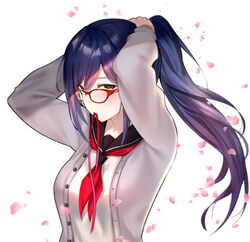  black_hair breasts eyebrows_hidden_by_hair female from_side glasses hair_between_eyes hair_tie hair_tie_in_mouth long_hair looking_at_viewer mouth_hold nijisanji petals ponytail school_uniform serafuku shizuka_rin shizuka_rin_(10th_costume) simple_background solo virtual_youtuber white_background yellow_eyes yuyu_(yuyuworks) 