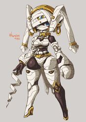  blue_eyes breasts drill earrings female full_body grey_background high_heels highres hoop_earrings humanoid_robot jewelry kuruton486 medium_breasts mummy_costume open_hand original robot science_fiction solo standing twitter_username 