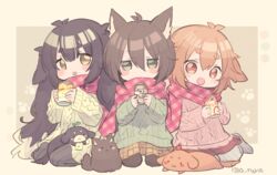  3girls :d animal animal_ear_fluff animal_ears aran_sweater aruya_(flosrota) black_hair black_legwear blush brown_background brown_eyes brown_hair brown_skirt brown_sweater cable_knit can canine commentary covered_mouth green_eyes green_sweater grey_legwear hair_between_eyes holding holding_can long_hair long_sleeves multiple_girls open_mouth original pantyhose pink_scrunchie plaid plaid_scarf pleated_skirt red_eyes ribbed_legwear scarf scrunchie shared_clothes shared_scarf short_eyebrows skirt sleeves_past_wrists smile sweater thick_eyebrows twitter_username very_long_hair 