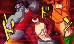  absurd_res activision anthro bandicoot bottomwear canid canine clothed clothing crash_(series) crunch_bandicoot dasyuromorph english_text extinct fur grey_body grey_fur group hi_res huge_filesize jojo&#039;s_bizarre_adventure jojo_pose koala koala_kong loincloth male mammal marsupial muscular muscular_anthro muscular_male pecs pose recently_extinct_species red_body red_fur text thylacine tiny_tiger trio valiith-draws vombatiform 