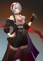  absurdres antenna_hair arknights bare_shoulders belt belt_pouch black_coat black_skirt black_thighhighs breasts brown_background cleavage closed_mouth coat collarbone feet_out_of_frame female gradient_background grey_background grey_hair grey_shirt high-waist_skirt highres horns long_sleeves looking_at_viewer medium_breasts multicolored_hair naoel_(naoel_art) off_shoulder official_alternate_costume open_clothes open_coat orange_eyes pouch red_eyes red_hair shirt short_hair skirt smile solo standing tank_top thigh_pouch thigh_strap thighhighs two-tone_hair w_(arknights) zettai_ryouiki 