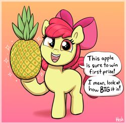  accessory apple_bloom_(mlp) bow_ribbon dialogue earth_pony english_text equid equine female feral food friendship_is_magic fruit fur hair hair_accessory hair_ribbon hairbow hasbro heshieokf hi_res holding_food holding_object horse humor mammal mane my_little_pony open_mouth open_smile orange_eyes pineapple plant pony red_hair red_mane red_tail ribbons signature smile solo tail text yellow_body yellow_fur young 