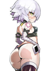  absurdres ass back bandaged_arm bandages bare_shoulders black_panties black_thighhighs black_vest breasts cropped_vest fate/apocrypha fate_(series) female green_eyes hair_between_eyes highres jack_the_ripper_(fate/apocrypha) looking_at_viewer looking_back panties scar scar_across_eye scar_on_cheek scar_on_face shimejinameko short_hair shoulder_tattoo small_breasts solo sweatdrop tattoo thick_thighs thighhighs thighs underwear vest white_hair wide_hips 