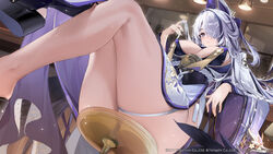  absurdres against_glass ass ass_on_glass azur_lane breasts duplicate feet_out_of_frame female from_below glass_table highres japanese_clothes kikimi kimono large_breasts legs long_sleeves looking_at_viewer multicolored_hair no_panties official_alternate_costume official_art pixel-perfect_duplicate purple_eyes purple_hair purple_kimono sash sitting sitting_on_table solo streaked_hair table unzen_(azur_lane) wide_sleeves 