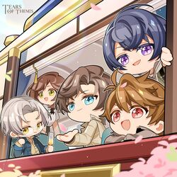  +_+ 4boys :d alcohol artem_wing_(tears_of_themis) blue_eyes blue_jacket blue_sky brown_coat brown_eyes brown_hair brown_shirt champagne closed_mouth coat cup female forehead glasses green_eyes highres holding holding_cup jacket long_hair long_sleeves luke_pearce_(tears_of_themis) marius_von_hagen_(tears_of_themis) multiple_boys oerba_yun_fang official_art open_mouth petals polo_shirt purple_eyes purple_hair rosa_(tears_of_themis) shirt short_hair short_sleeves sky smile tears_of_themis train vyn_richter_(tears_of_themis) white_hair white_shirt yellow_eyes 