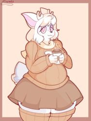  3:4 aliasing anthro antlers beignet_(dofunut) belly big_breasts biped black_nose blue_body blue_fur blush blush_lines bottomwear breasts brown_bottomwear brown_clothing brown_skirt cleavage_cutout clothed clothing coffee_cup container countershade_face countershade_fur countershade_legs countershade_tail countershade_torso countershading cup cutout deer digital_media_(artwork) female footwear fully_clothed fur hair hi_res holding_coffee_cup holding_container holding_cup holding_object horn keyhole_turtleneck legwear looking_at_viewer mammal mouth_closed new_world_deer orange_clothing orange_footwear orange_legwear orange_socks orange_sweater orange_thigh_highs orange_thigh_socks orange_topwear overweight overweight_anthro overweight_female pear-shaped_figure pixcello portrait red_eyes reindeer scarf scut_tail shaded short_tail signature simple_background skirt snout socks solo standing sweater tail tan_background tan_scarf thigh_highs thigh_socks three-quarter_portrait three-quarter_view topwear turtleneck unavailable_at_source white_body white_countershading white_fur white_hair wide_hips 