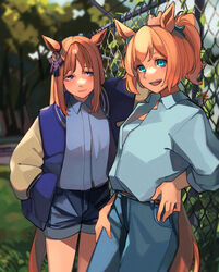  2girls absurdres animal_ears aqua_eyes blue_eyes blurry blurry_background brown_hair casual chain-link_fence collared_shirt commentary depth_of_field ear_ribbon fence fuyukayui grass_wonder_(umamusume) hand_in_pocket high_ponytail highres horse_ears horse_girl horse_tail jacket letterman_jacket light_brown_hair long_hair looking_at_viewer multicolored_hair multiple_girls open_clothes open_jacket outdoors pants shirt shorts taiki_shuttle_(umamusume) tail two-tone_hair umamusume 