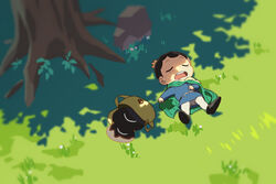  2boys bag black_footwear black_hair blue_shirt blush bojji cape closed_eyes crown day grass green_cape kage_(ousama_ranking) lying male_focus mini_crown multiple_boys on_back open_mouth ousama_ranking outdoors pants rock shadow shirt shoes short_hair sleeping teeth tongue tree u_u upper_teeth_only white_pants yoko.u 