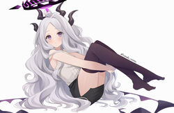  bare_arms black_skirt blue_archive center_frills closed_mouth collared_shirt commentary demon_horns demon_wings feet_up female forehead frills from_side grey_hair halo hina_(blue_archive) horns ichinose_(sorario) knees_up legs light_blush long_hair looking_at_viewer miniskirt no_shoes parted_bangs pencil_skirt purple_eyes purple_thighhighs shirt simple_background skirt sleeveless sleeveless_shirt solo thighhighs twitter_username very_long_hair wavy_hair white_background white_shirt wings 