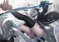  animal_ears ass asymmetrical_legwear black_coat black_legwear black_panties blue_eyes boots coat dress female fox_ears fox_girl fox_tail hair_ornament hairclip highres holding holding_sword holding_weapon legs lightning long_hair long_sleeves looking_at_viewer midriff mirufuaa open_clothes open_coat open_mouth original panties revealing_clothes short_dress single_thighhigh socks solo sword tail thighhighs thighs underwear uneven_legwear v-shaped_eyebrows very_long_hair weapon white_dress white_hair 