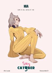  2021 absurd_res accessory animal_humanoid bangs barefoot bottomwear brown_pupils catober catober_2021 choker clothed clothing digital_media_(artwork) digital_painting_(artwork) ear_tuft english_text feet felid felid_humanoid feline feline_humanoid feliscede female full-length_portrait fully_clothed grey_hair hair hair_accessory hand_on_knee hand_on_leg hi_res humanoid humanoid_feet inner_ear_fluff jewelry jumpsuit leisure_suit looking_at_viewer mammal mammal_humanoid necklace nia_(xenoblade) outline pinstripes plantigrade portrait pupils simple_background sitting slim smile smug solo text topwear tuft white_background xenoblade_(series) xenoblade_chronicles_2 yellow_bottomwear yellow_clothing yellow_eyes yellow_topwear 