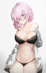  black_bra black_panties bra breasts collarbone fate/grand_order fate_(series) female glasses grey_jacket hair_between_eyes hand_on_breast hand_on_lap highres jacket lielac looking_at_viewer mash_kyrielight medium_breasts navel off_shoulder open_mouth panties pink_eyes pink_hair seiza short_hair sitting solo stomach underwear white_background 