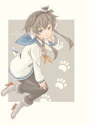  absurdres anchor black_hair blue_sailor_collar brown_eyes dress female gradient_hair grey_background grey_hair hair_between_eyes hat headgear high_heels highres kantai_collection long_sleeves looking_at_viewer lowleg lowleg_pantyhose mini_hat multicolored_hair pantyhose paw_print pot-de red_footwear rudder_footwear sailor_collar sailor_dress seamed_legwear shirt short_hair short_hair_with_long_locks side-seamed_legwear sidelocks smile solo tied_shirt tokitsukaze_(kancolle) twitter_username white_background 