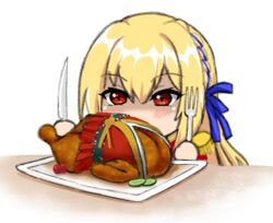  azur_lane blonde_hair blue_ribbon braid commentary english_commentary female food fork holding holding_fork holding_knife japanese_clothes kimono king_george_v_(azur_lane) knife long_hair red_eyes ribbon shinshikikan taihou_(azur_lane) turkey_(food) 