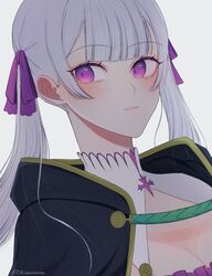  black_capelet black_clover blush breasts capelet cleavage closed_mouth female grey_hair hair_ribbon highres jacket long_hair looking_to_the_side low_twintails noelle_silva purple_eyes purple_ribbon ribbon rizaavana sidelocks solo twintails white_jacket 