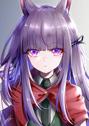  absurdres animal_ear_fluff animal_ears black_gloves black_ribbon blunt_bangs capelet closed_mouth commentary dog_ears dog_girl female gloves grey_background hair_ornament hair_ribbon hand_to_head hand_up highres kasumi_(princess_connect!) long_hair looking_at_viewer necktie princess_connect! purple_eyes purple_hair red_capelet ribbon signature solo takemura_kou upper_body 