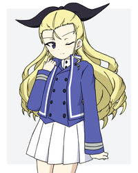  alternate_costume assam_(girls_und_panzer) bc_freedom_military_uniform black_ribbon blonde_hair blue_eyes blue_jacket blue_vest closed_mouth commentary cowboy_shot dress_shirt female girls_und_panzer grey_background hair_pulled_back hair_ribbon high_collar highres ichinose_jun jacket long_hair long_sleeves looking_at_viewer military military_uniform miniskirt one_eye_closed outside_border pleated_skirt ribbon shirt skirt smile solo standing uniform vest white_shirt white_skirt 