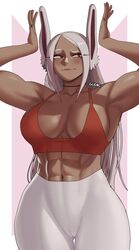  abs animal_ears armpits arms_up artist_name bare_shoulders black_choker blush boku_no_hero_academia border breasts cameltoe choker cleavage collarbone dark-skinned_female dark_skin female gud0c high-waist_pants highres large_breasts long_eyelashes long_hair looking_to_the_side midriff mirko muscular muscular_female nail_polish navel pants parted_bangs rabbit_ears rabbit_girl rabbit_pose raised_eyebrow red_eyes red_sports_bra sideboob smile solo sports_bra sportswear stomach sweat thigh_gap tight_clothes tight_pants white_border white_hair white_pants yoga_pants 