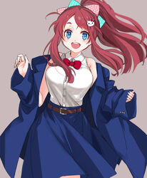  belt black_belt blazer blue_eyes blue_jacket bow bowtie brown_skirt cat_hair_ornament coat collared_shirt cowboy_shot da_huang female grey_background hair_ornament hair_ribbon highres jacket long_hair long_sleeves looking_at_viewer medium_skirt minamoto_sakura off_shoulder open_clothes open_coat open_mouth ponytail red_hair ribbon shirt simple_background skirt sleeveless sleeveless_shirt smile solo standing swept_bangs white_shirt zombie_land_saga 