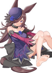  absurdres animal_ears bare_shoulders barefoot blue_flower blue_rose blush brown_hair commentary_request dress feet female flower foot_out_of_frame grabbing_own_thigh hair_over_one_eye hat hat_flower highres horse_ears horse_girl horse_tail knees_together_feet_apart legs long_hair long_sleeves looking_at_viewer off-shoulder_dress off_shoulder olecafe2 partial_commentary purple_eyes purple_shirt rice_shower_(umamusume) rose shirt simple_background smile soles solo tail toes umamusume white_background 