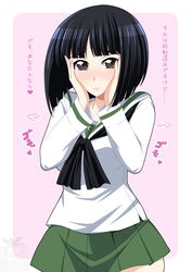  artist_logo black_eyes black_hair blouse blunt_bangs blunt_ends blush bob_cut closed_mouth commentary female girls_und_panzer gotou_moyoko green_skirt hands_on_own_face heart highres ichijou_takakiyo long_sleeves looking_at_viewer medium_hair miniskirt motion_lines neckerchief ooarai_school_uniform pink_background pleated_skirt rounded_corners sailor_collar school_uniform serafuku shirt skirt solo standing translated white_sailor_collar white_shirt 