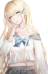  black_skirt blonde_hair blue_eyes bow female finger_to_mouth highres lielac long_hair looking_at_viewer nail_polish open_mouth original photoshop_(medium) school_uniform shirt skirt smile solo uniform white_background white_shirt 