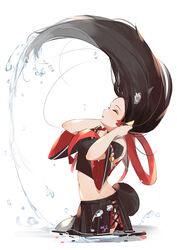  animal_ear_fluff animal_ears bell black_hair black_skirt breasts closed_eyes commentary cowboy_shot crop_top cross-laced_clothes cross-laced_skirt cross-laced_slit detached_sleeves english_commentary female from_side hair_ornament hololive kouhaku_nawa long_hair majo_(pastamajo) medium_breasts midriff multicolored_hair navel oerba_yun_fang ookami_mio ookami_mio_(1st_costume) open_mouth photoshop_(medium) pleated_skirt profile red_hair rope shimenawa simple_background skirt solo splashing streaked_hair tail two-tone_hair virtual_youtuber wading water water_drop whipping_hair white_background wolf_ears wolf_girl wolf_tail 