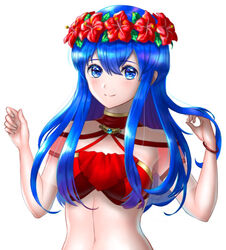  bikini bikini_top_only blue_eyes blue_hair bracelet breasts closed_mouth commentary female fire_emblem fire_emblem:_the_binding_blade flower hair_between_eyes hair_flower hair_ornament head_wreath hibiscus jewelry lilina_(fire_emblem) lilina_(summer)_(fire_emblem) long_hair looking_at_viewer medium_breasts navel red_bikini red_flower simple_background smile solo swimsuit uni_(uni9248) upper_body white_background 