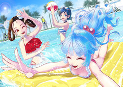  3girls aqua_hair ball beachball bikini blue_hair braid flower frilled_bikini frills hair_flower hair_ornament highres kula_diamond li_xiangfei lifeguard long_hair may_lee multiple_girls pool purple_bikini red_bikini short_hair splashing striped striped_bikini sunglasses swimsuit the_king_of_fighters twin_braids white_headwear 