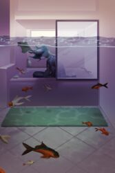  2:3 ambient ambiguous_gender anthro arh bath bathroom blue_body blue_fur canadian_lynx felid feline feral fish fully_submerged fur group hi_res large_group lynx male mammal marine mood refraction sitting surreal vincent_lynx water waterline_view 