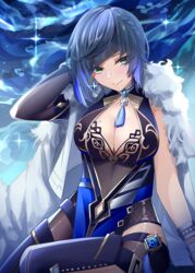  absurdres arm_behind_head blue_dress blue_hair bob_cut bracelet breasts chinese_clothes cleavage closed_mouth diagonal_bangs dice dress earrings female fur-trimmed_jacket fur_trim genshin_impact glint green_eyes highres jacket jacket_on_shoulders jewelry large_breasts looking_at_viewer mon-chan night night_sky pelvic_curtain short_hair single_sleeve sitting sky smile solo sparkle tassel vision_(genshin_impact) white_jacket yelan_(genshin_impact) 