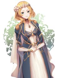  absurdres blonde_hair blue_dress blue_eyes braid breasts cleavage commission commissioner_upload crown dress female fire_emblem fire_emblem_warriors flower hair_flower hair_ornament hairpin highres jewelry lianna_(fire_emblem) long_sleeves necklace pendant queen re_gatchaman royal_robe short_hair skeb_commission solo sunflower sunflower_hair_ornament 