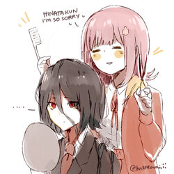  1boy alternate_hair_length alternate_hairstyle black_jacket blush_stickers brown_jacket brown_skirt collared_shirt danganronpa_(series) danganronpa_3_(anime) english_text female formal grey_background hair_ornament hakamii holding holding_mirror hood hood_down jacket kamukura_izuru medium_hair mirror nanami_chiaki neck_ribbon necktie parted_lips red_eyes red_necktie red_ribbon ribbon shirt shirt_tucked_in simple_background skirt smile spoilers upper_body white_shirt 