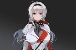  ahoge azur_lane belt black_belt black_hairband blue_eyes breasts cape cross female hairband highres iron_blood_(emblem) iron_cross jacket juliet_sleeves large_breasts long_hair long_sleeves looking_at_viewer mainz_(azur_lane) mikai_2035 military military_uniform puffy_sleeves red_cape uniform upper_body white_hair white_jacket 